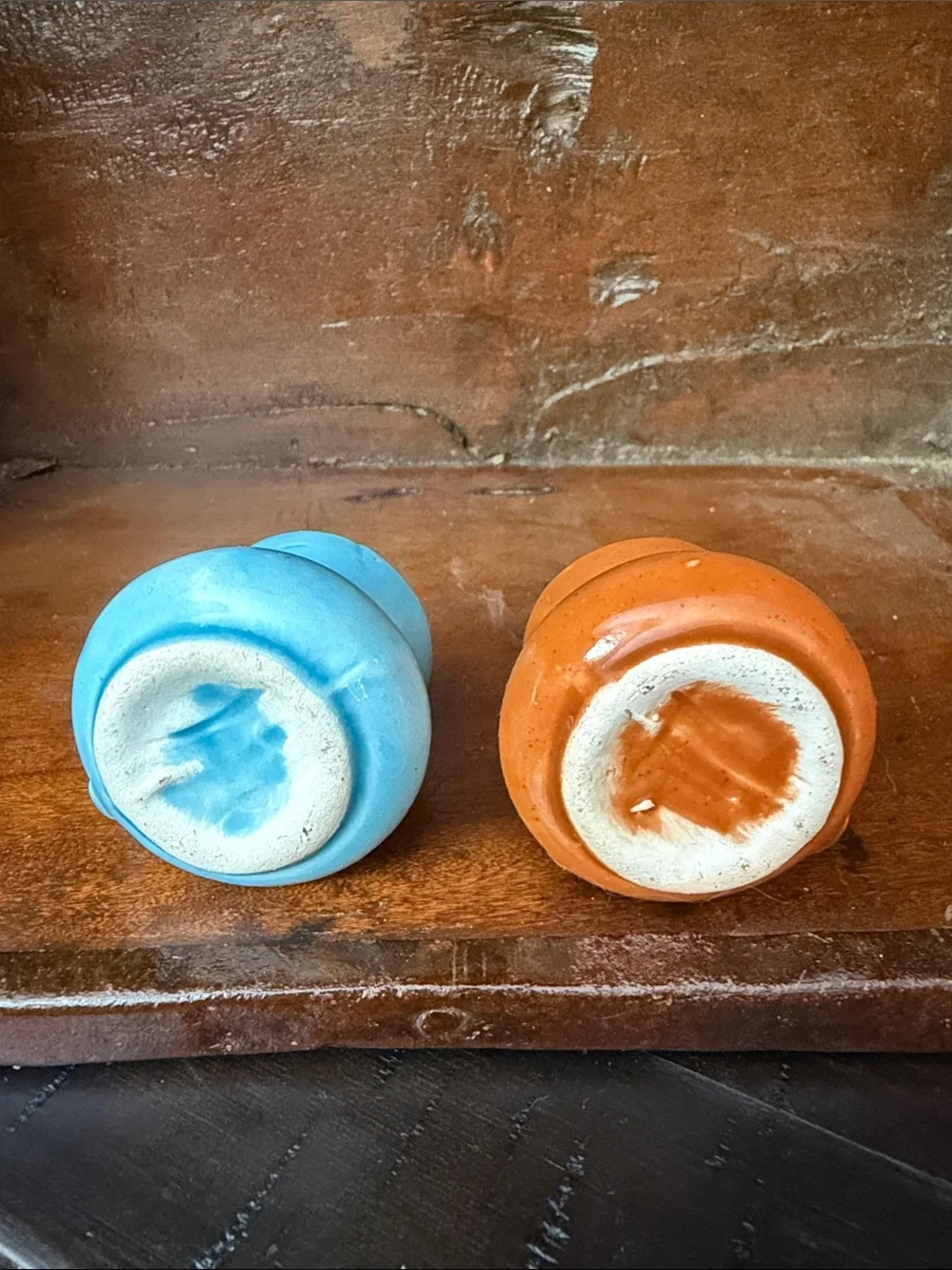 Pair of Small Ceramic Mini Pitchers - Blue & Orange